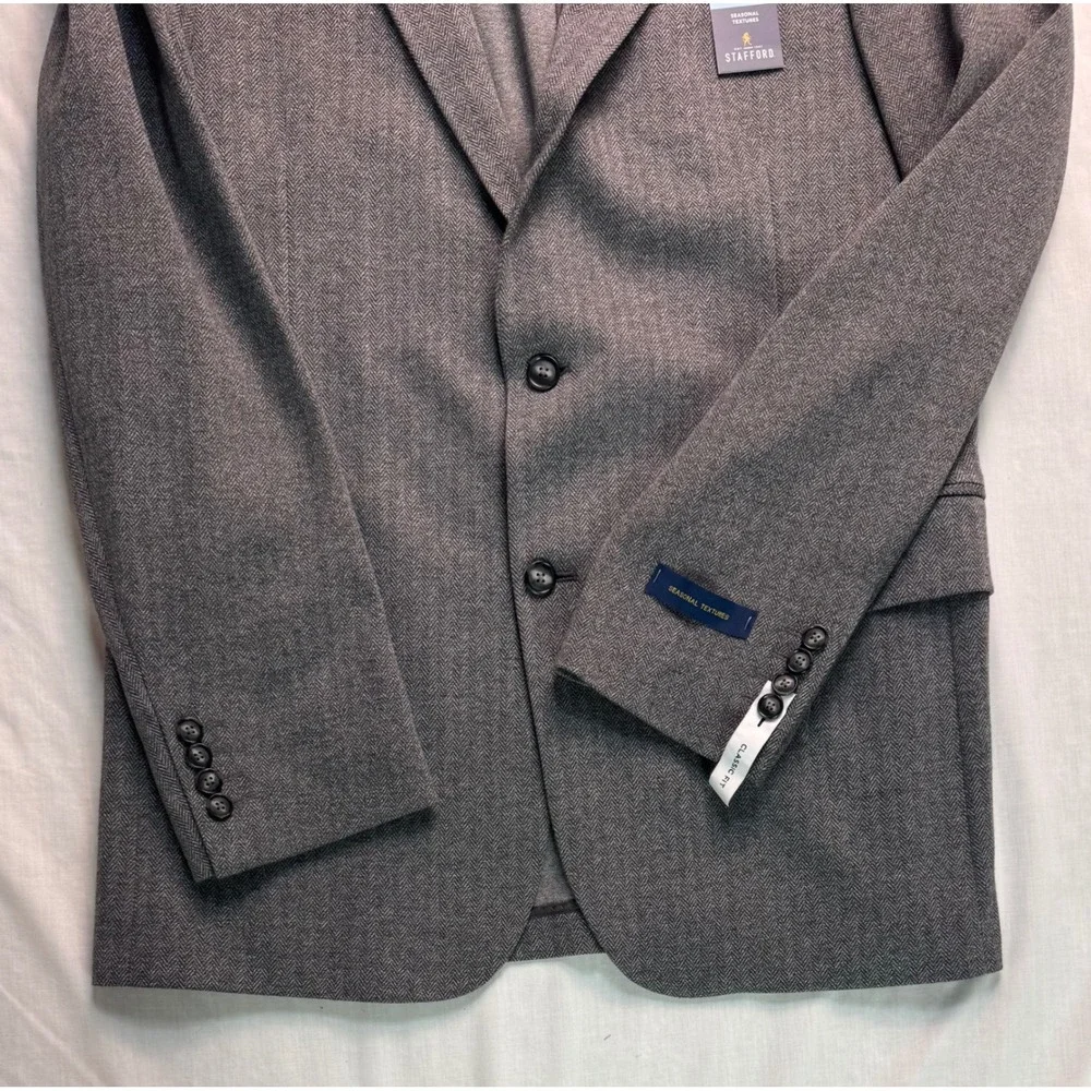 Stafford Mens 42L Classic Fit Stretch Blazer Charcoal Herringbone Sport Coat NEW